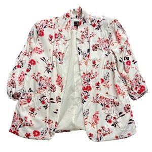 Worthington Floral Open Front Blazer XL White Red Ruched 3/4 Sleeve Lightweight